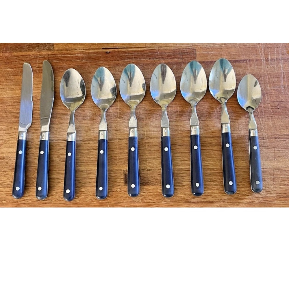 (9) Farberware Colours Navy Blue Flatware Set Plastic Handles~7 Spoons 2 Knives